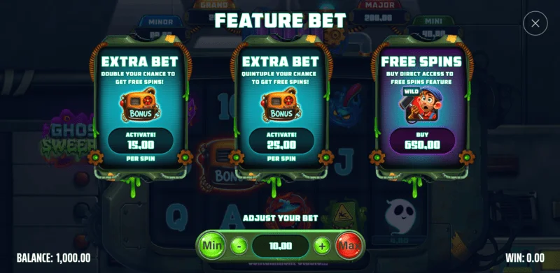 Ghost Sweeper - okno pro nákup bonusu s cenovými možnostmi